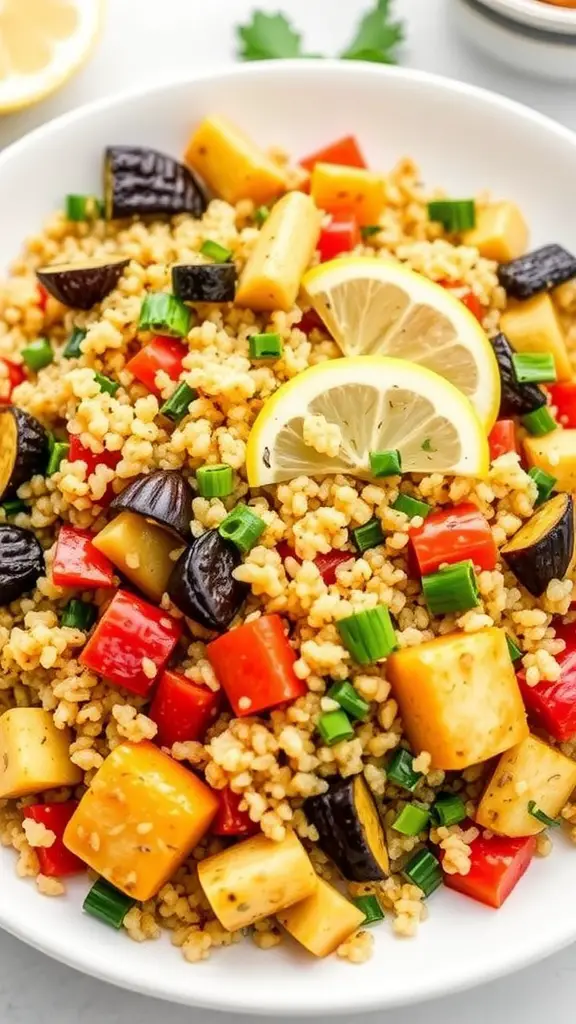 A vibrant plate of lemon garlic quinoa with assorted roasted vegetables.
