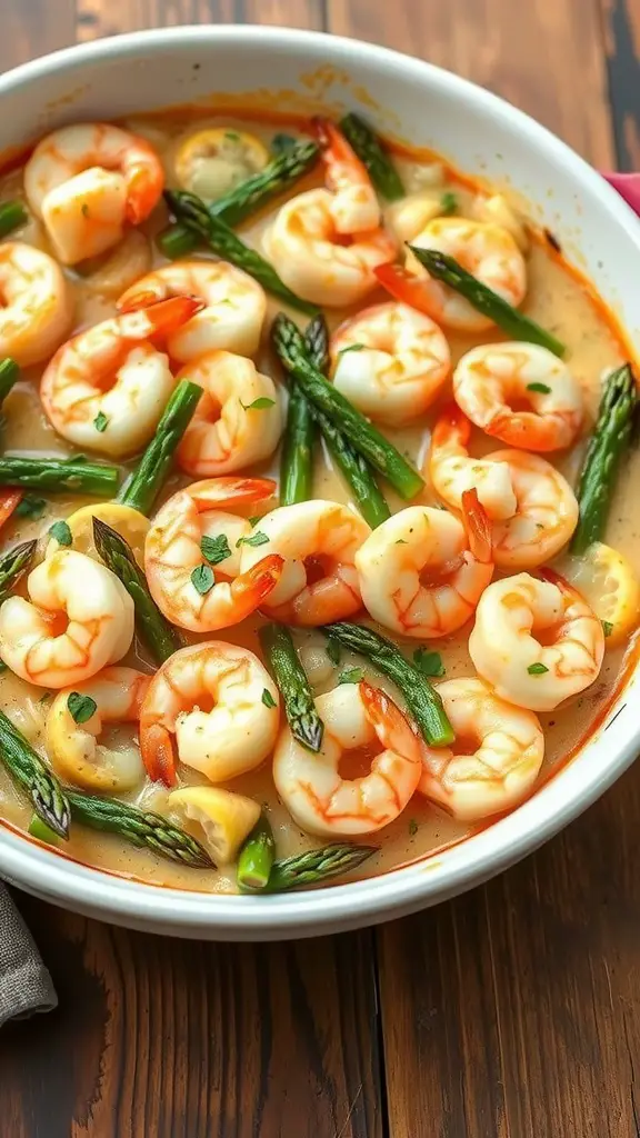 A dish of lemon garlic shrimp with asparagus, showcasing a colorful and appetizing meal.