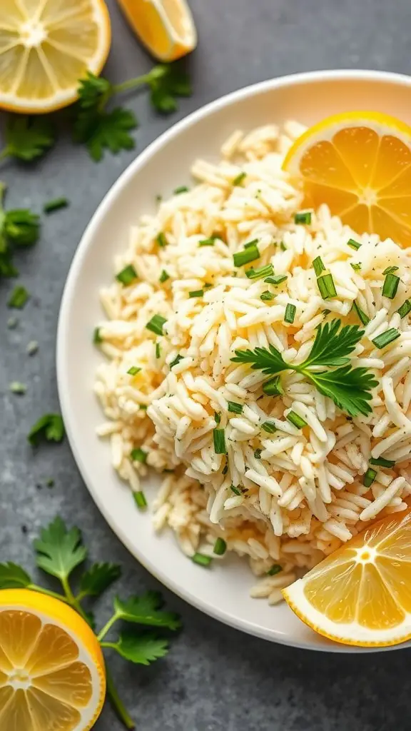 Lemon Herb Cauliflower Rice served with lemon slices and herbs