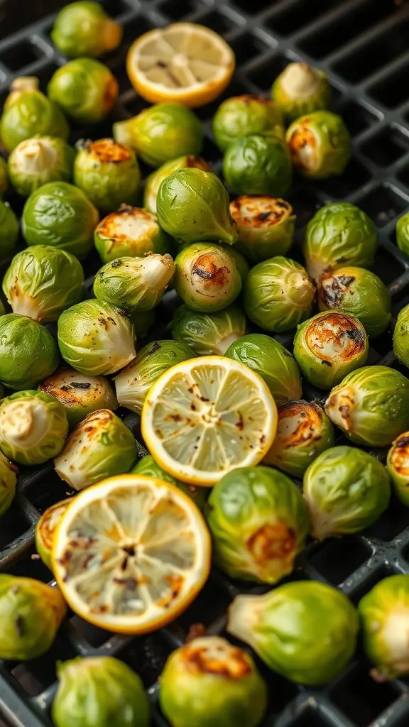 Grilled Brussels sprouts with lemon slices on a grill