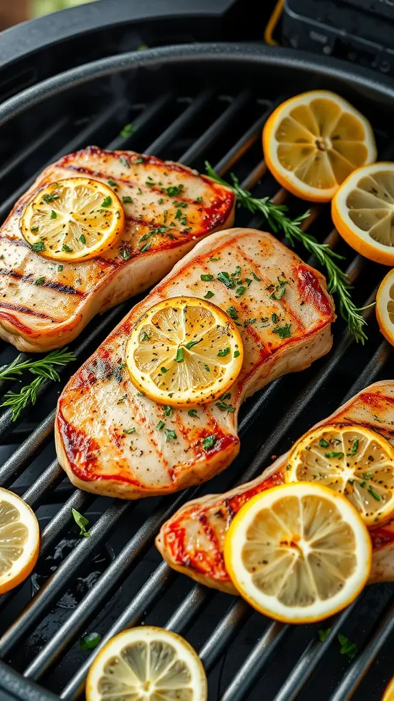 Grilled pork chops with lemon slices and herbs