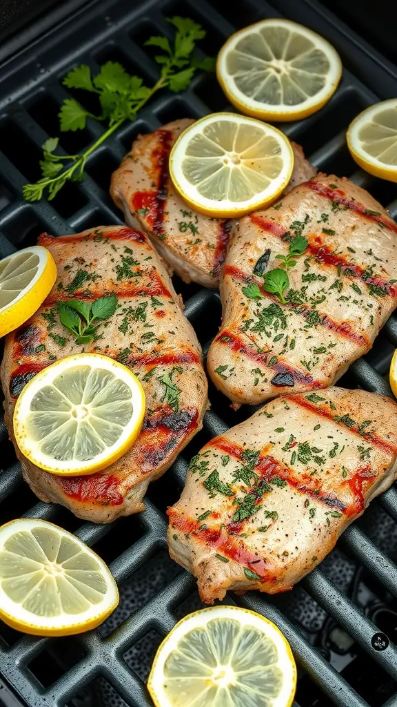 Grilled pork steaks with lemon slices and herbs.