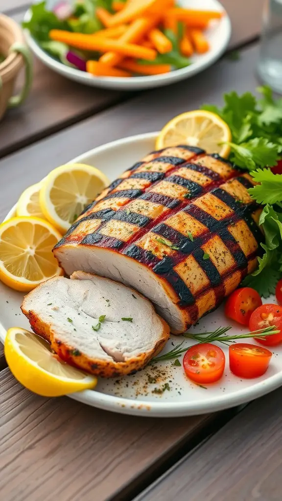 A beautifully grilled pork tenderloin with lemon slices and fresh herbs on a white plate.