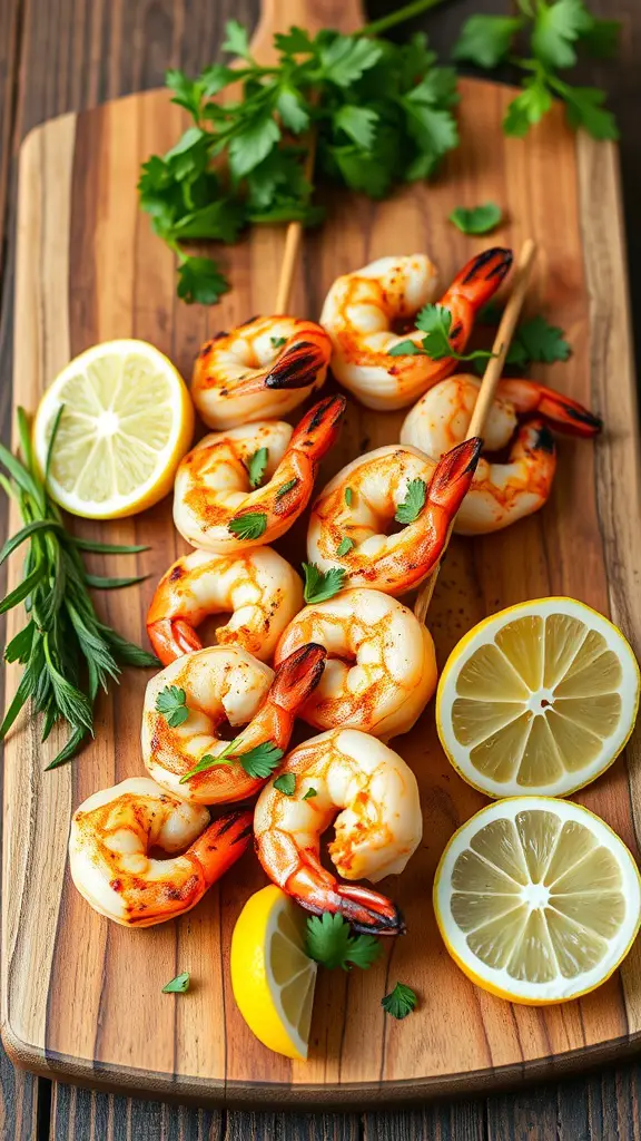 Grilled shrimp skewers with lemon and herbs on a wooden board