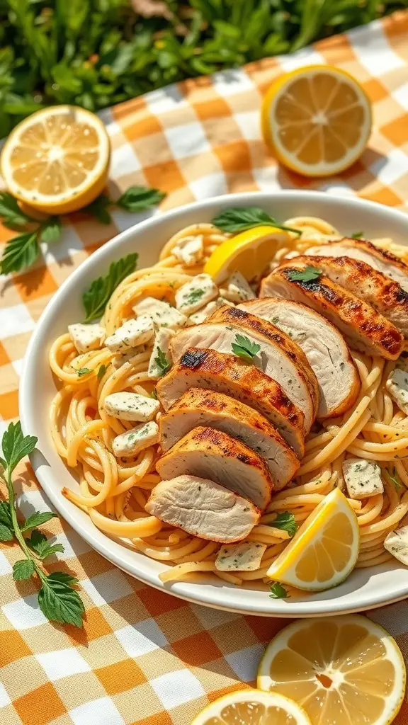 A vibrant lemon herb pasta salad with grilled chicken, cherry tomatoes, and fresh herbs.