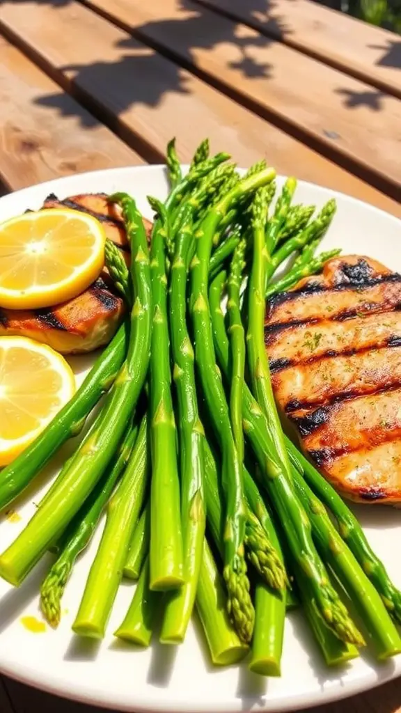 Lemon Herb Pork Chops with grilled asparagus on a white plate.