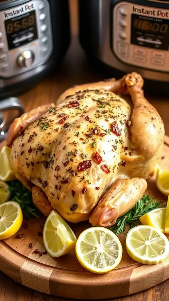 A whole cooked lemon herb roast chicken in an Instant Pot, garnished with fresh herbs and lemon slices.