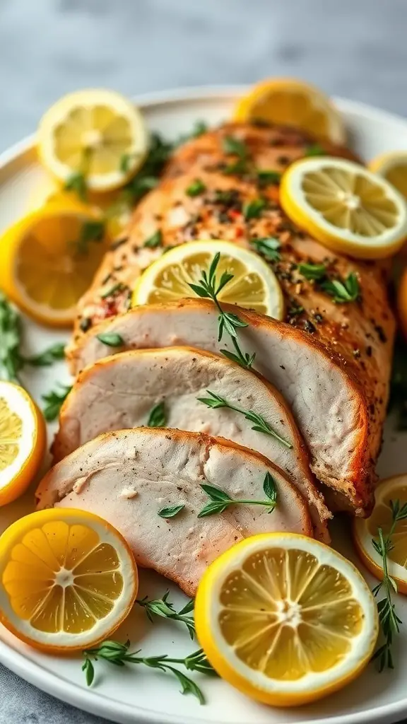 Lemon Herb Roasted Pork Loin with slices and lemon garnishes
