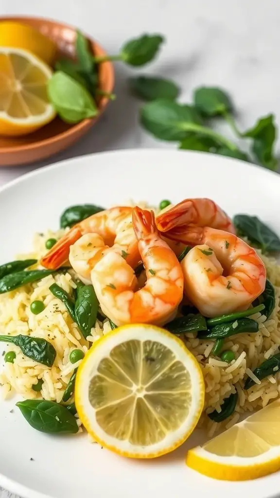 A plate of lemon herb shrimp served over spinach rice with lemon slices and fresh greens.