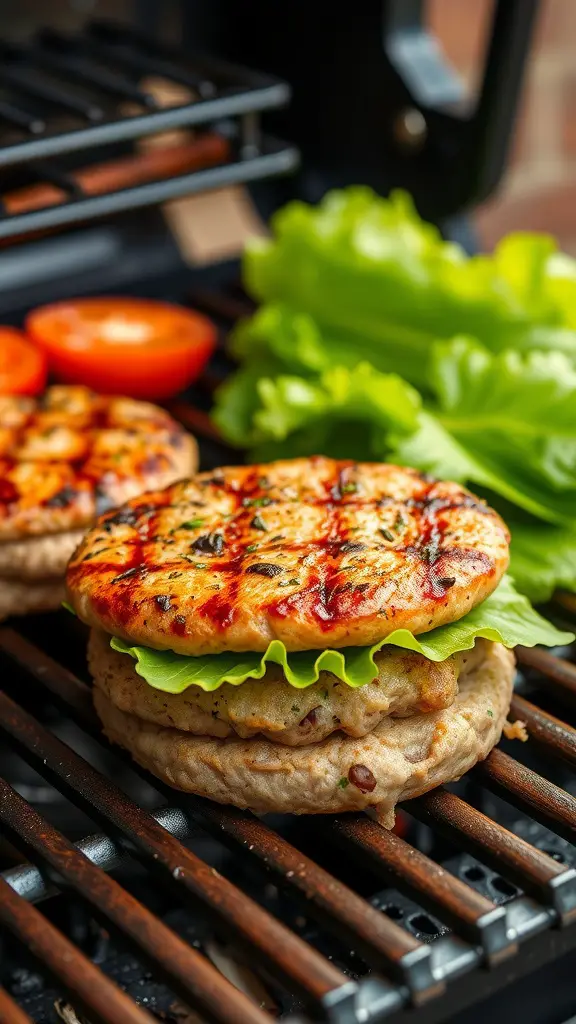 Lemon Herb Turkey Burgers grilling on a barbecue
