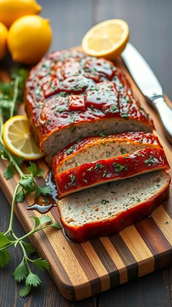 Lemon herb turkey meatloaf with slices and fresh herbs.