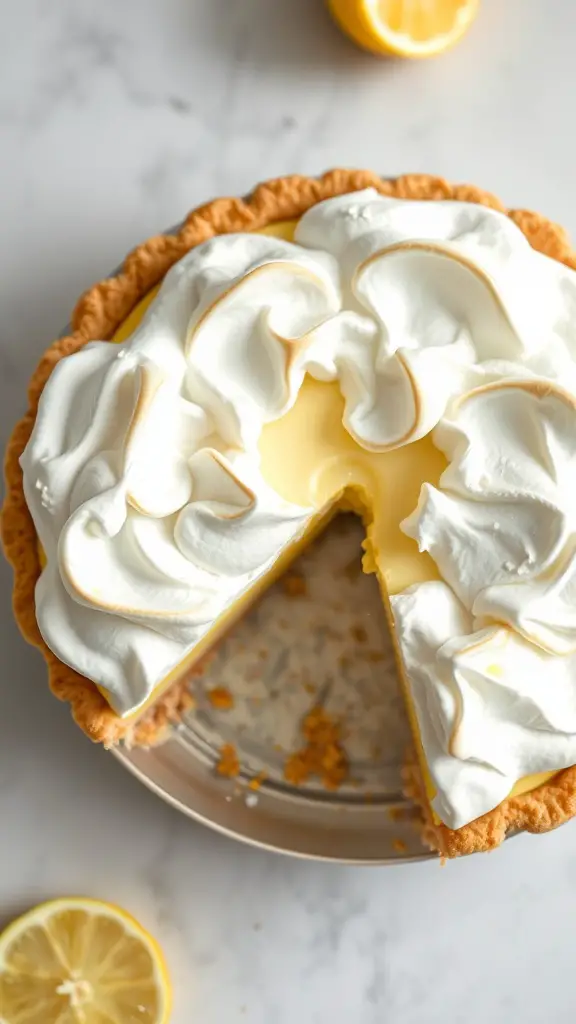 Slice of lemon meringue pie with creamy lemon filling and fluffy meringue topping