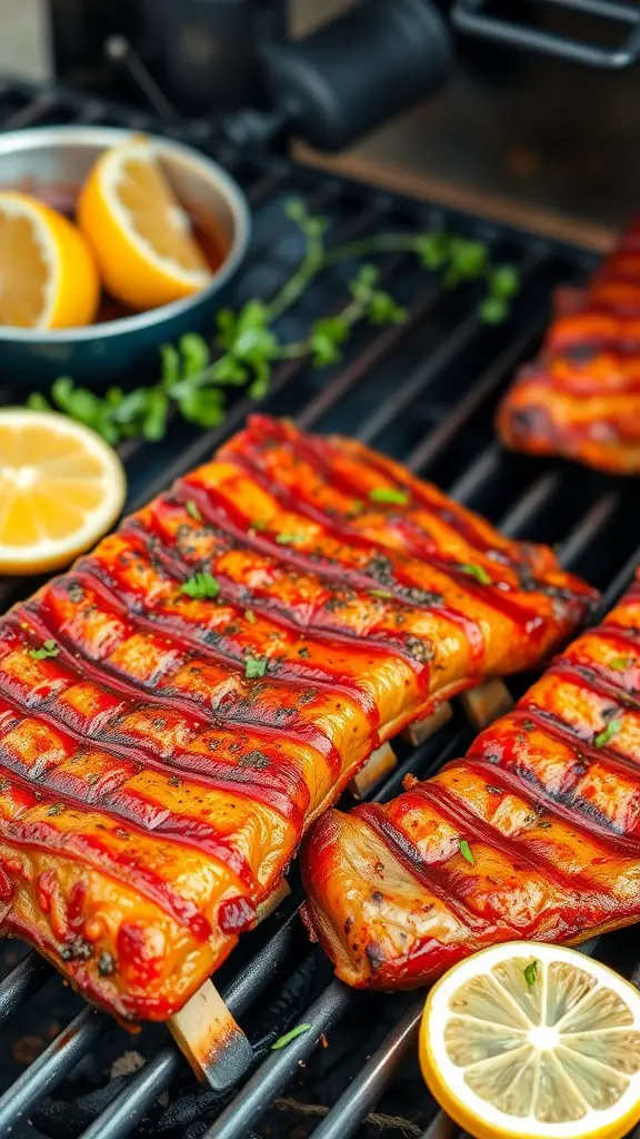 Delicious lemon pepper pork belly ribs on the grill with lemon slices and herbs.