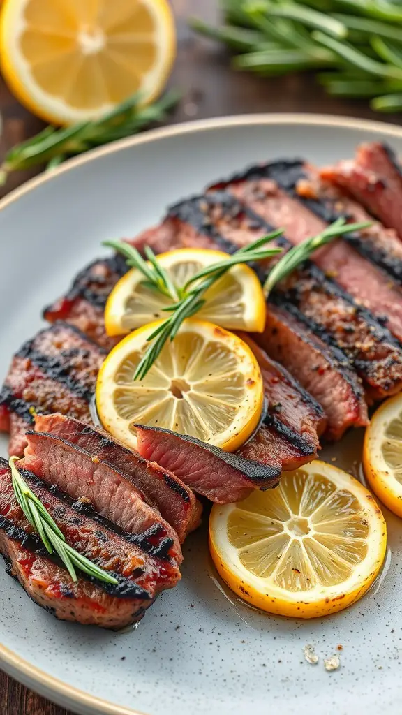 A beautifully grilled flank steak garnished with lemon slices and rosemary