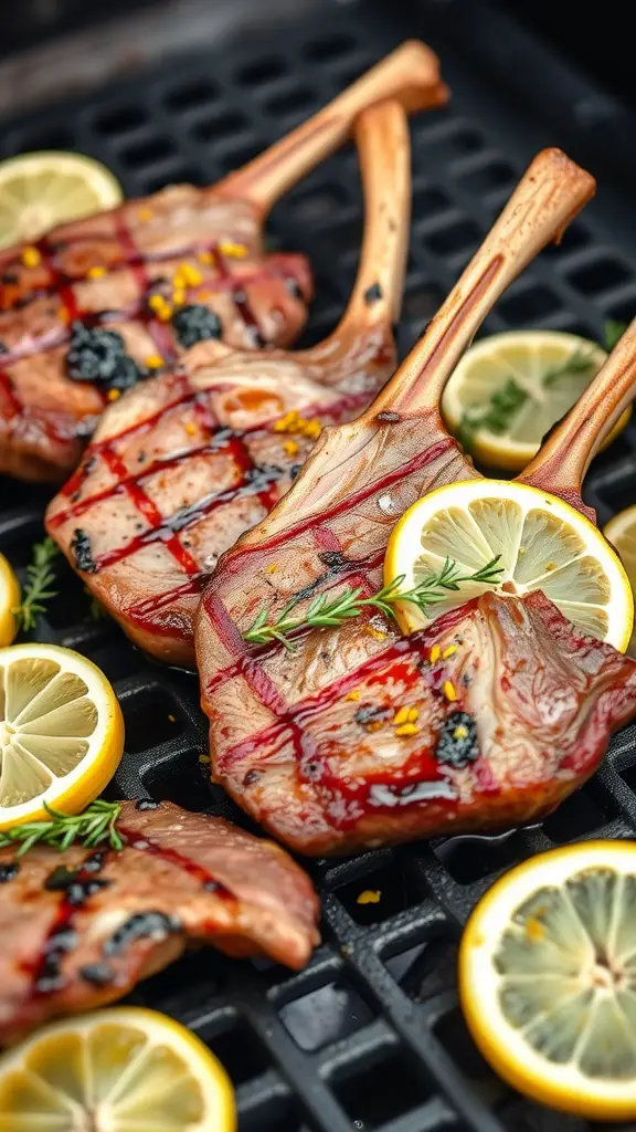 Grilled lamb chops with lemon slices and thyme