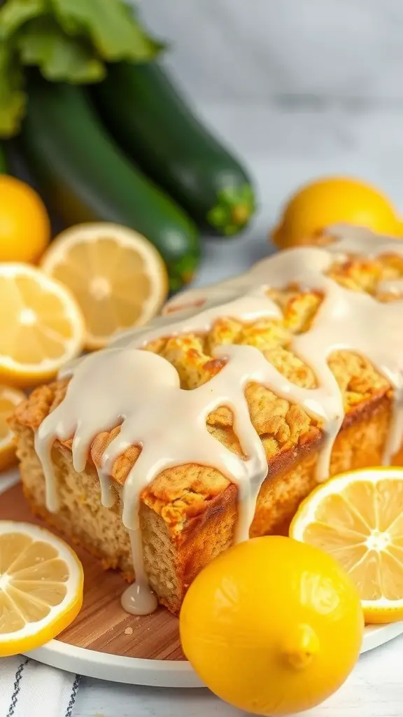A slice of lemon zucchini bread with glaze drizzled on top, surrounded by fresh lemons and zucchini.