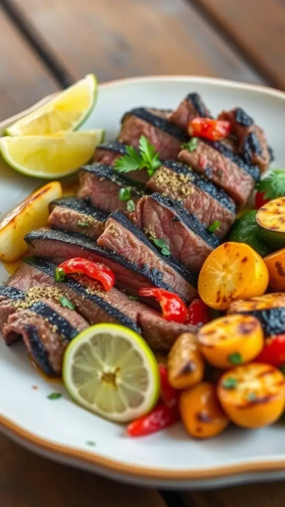 Grilled skirt steak with lime and cumin zest, garnished with fresh herbs