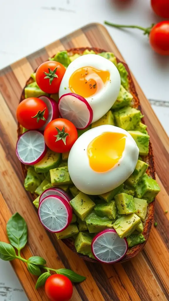 Delicious loaded avocado toast topped with poached eggs, cherry tomatoes, and radishes.