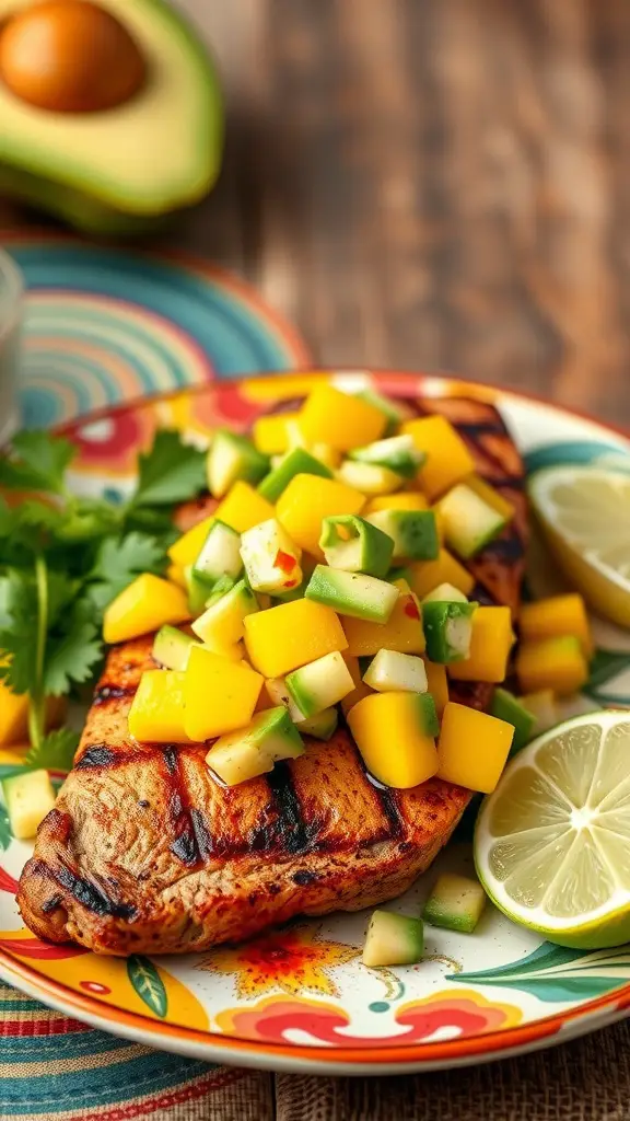 Grilled pork tenderloin topped with mango and avocado salsa served on a colorful plate with lime wedges.