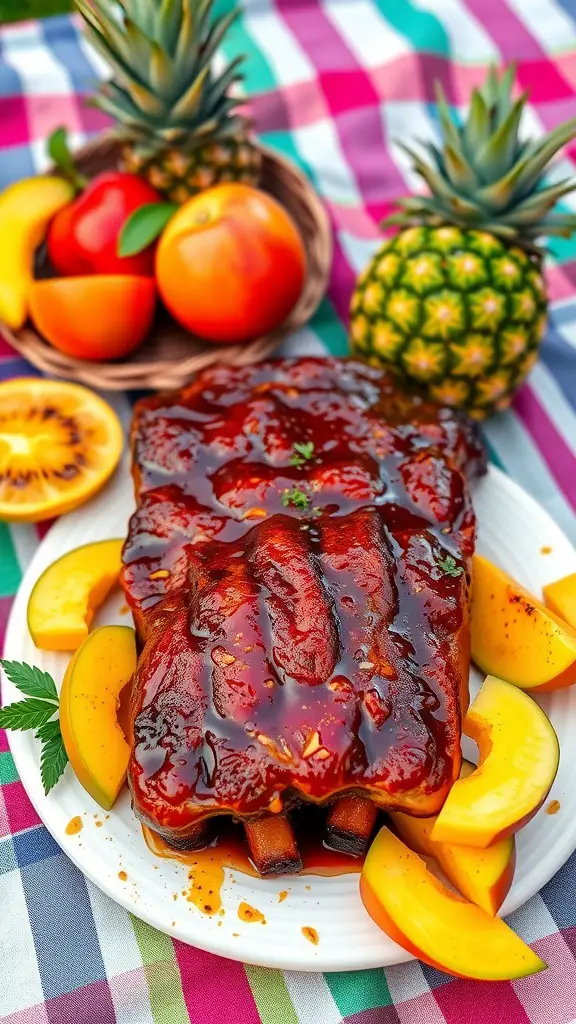 Delicious mango BBQ glazed ribs served with fresh summer fruits.