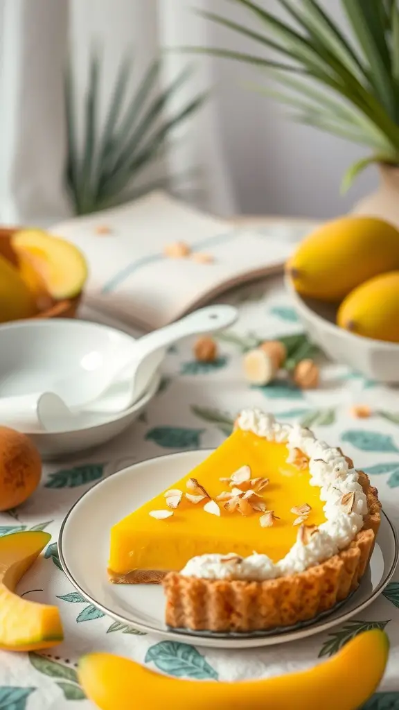 A slice of mango coconut pie on a plate, garnished with whipped cream and almonds.