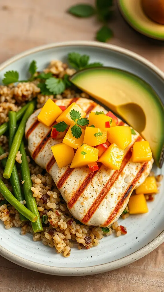 Plate of grilled chicken breast topped with mango salsa and served with grains and green beans.