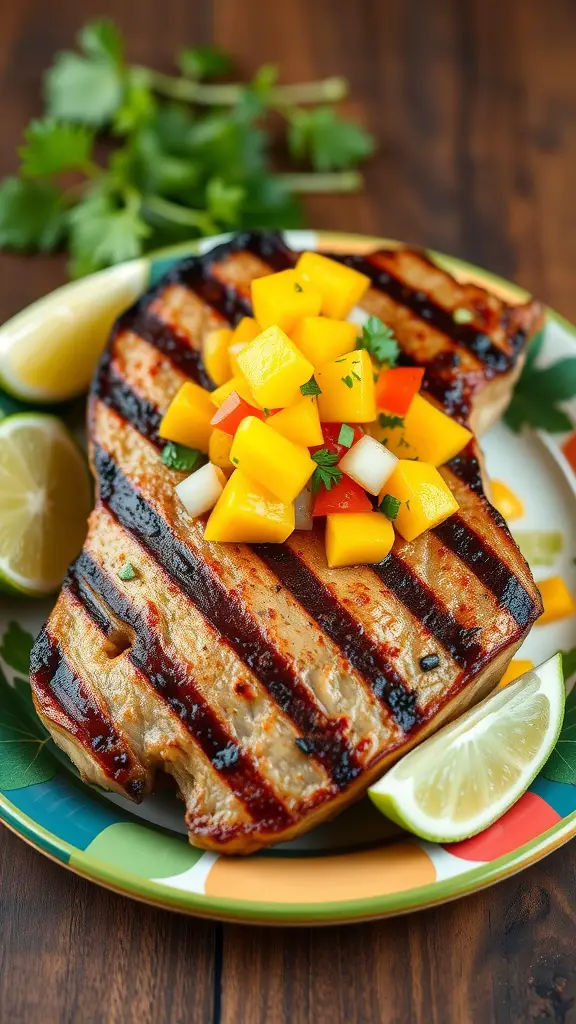 Grilled pork chop topped with mango salsa on a colorful plate.