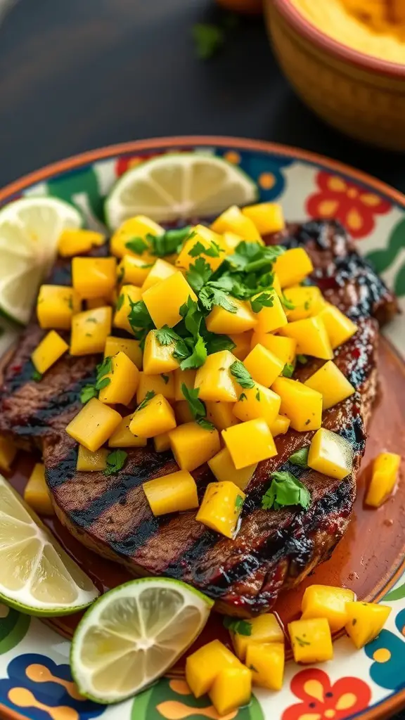 Grilled skirt steak topped with mango salsa and lime slices on a colorful plate.