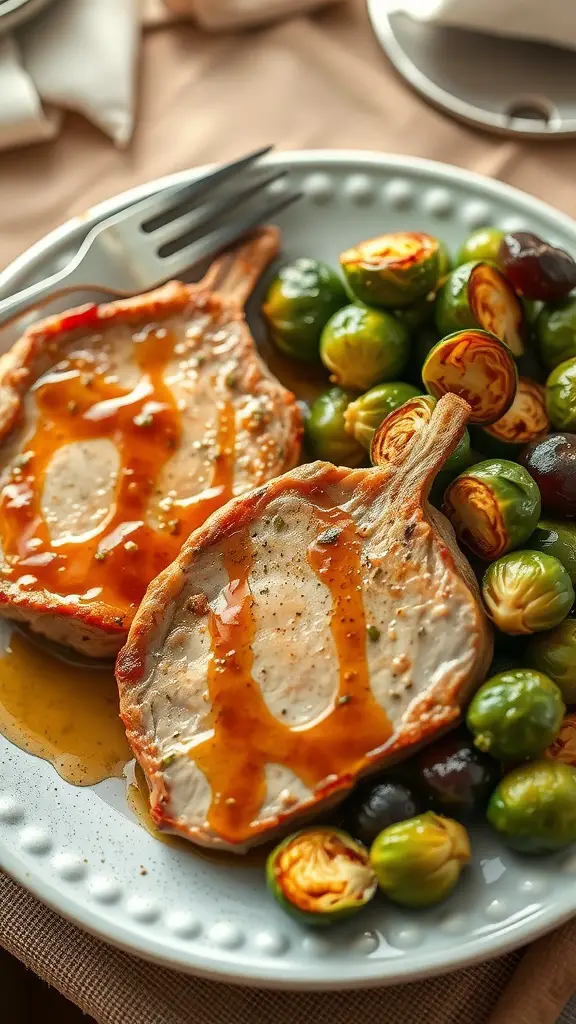 A plate of maple-glazed pork chops with Brussels sprouts.
