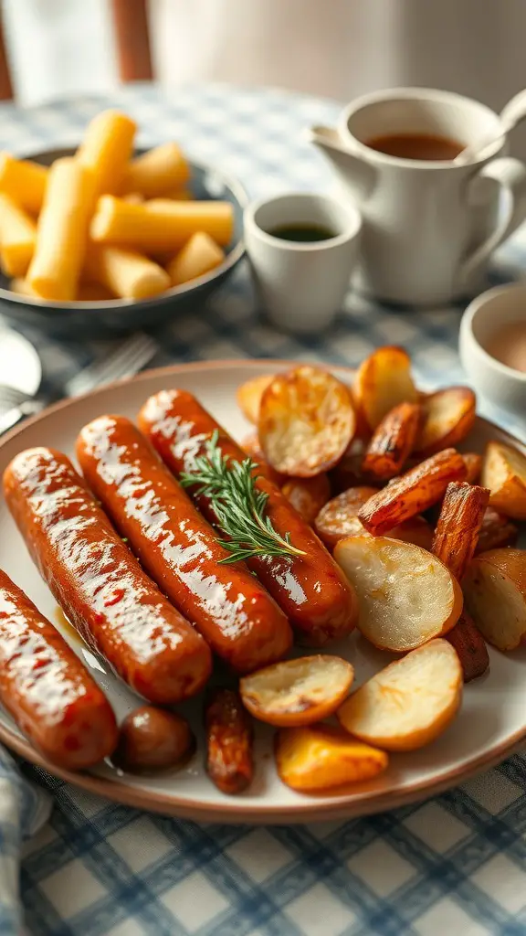 A delicious plate of maple-glazed sausages served with golden roasted potatoes.