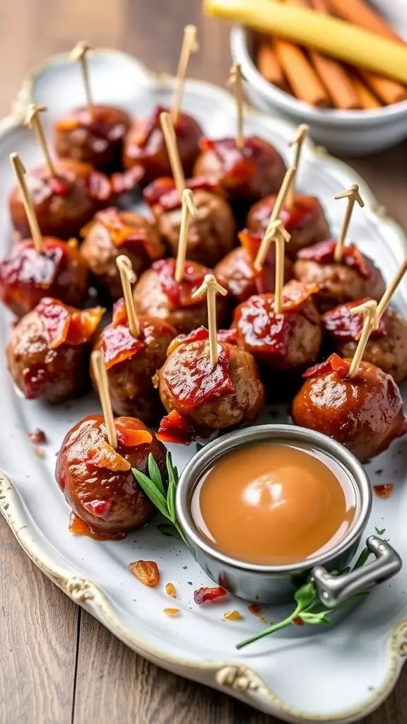 Maple bacon meatballs on a platter with skewers and a side of maple syrup.