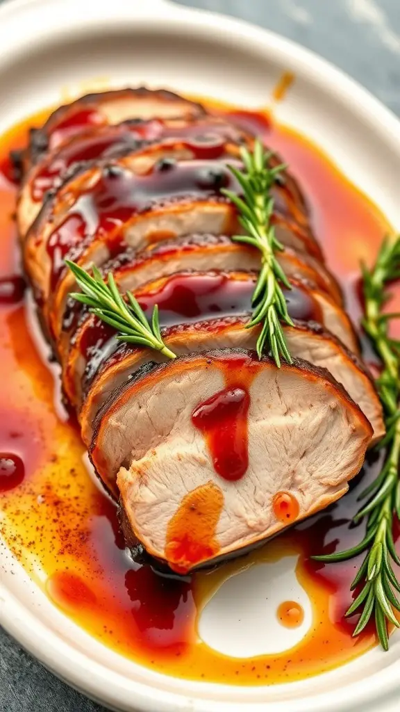Maple BBQ Glazed Pork Tenderloin served with sauce