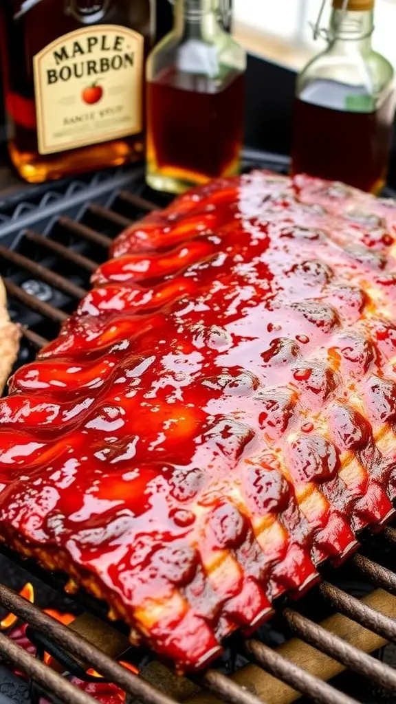Delicious maple bourbon barbecue ribs on the grill