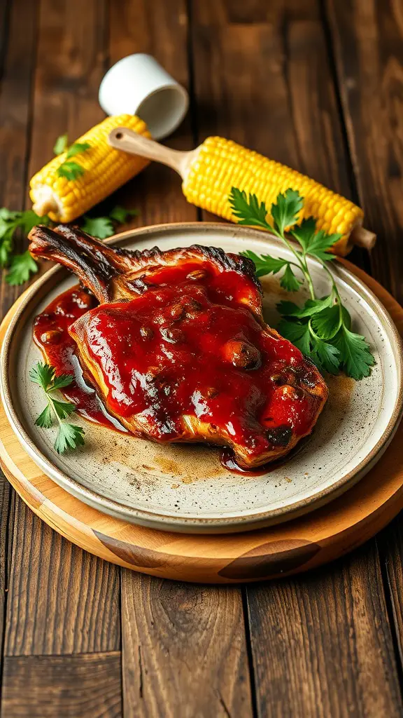 Juicy pork chop with maple chipotle BBQ sauce served on a plate with corn and garnished with parsley.