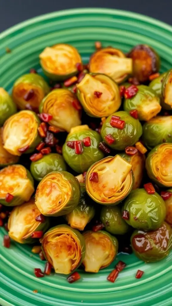 A vibrant plate of maple chipotle Brussels sprouts garnished with red peppers.