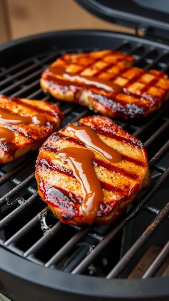 Delicious maple glazed grilled pork steaks on a grill.