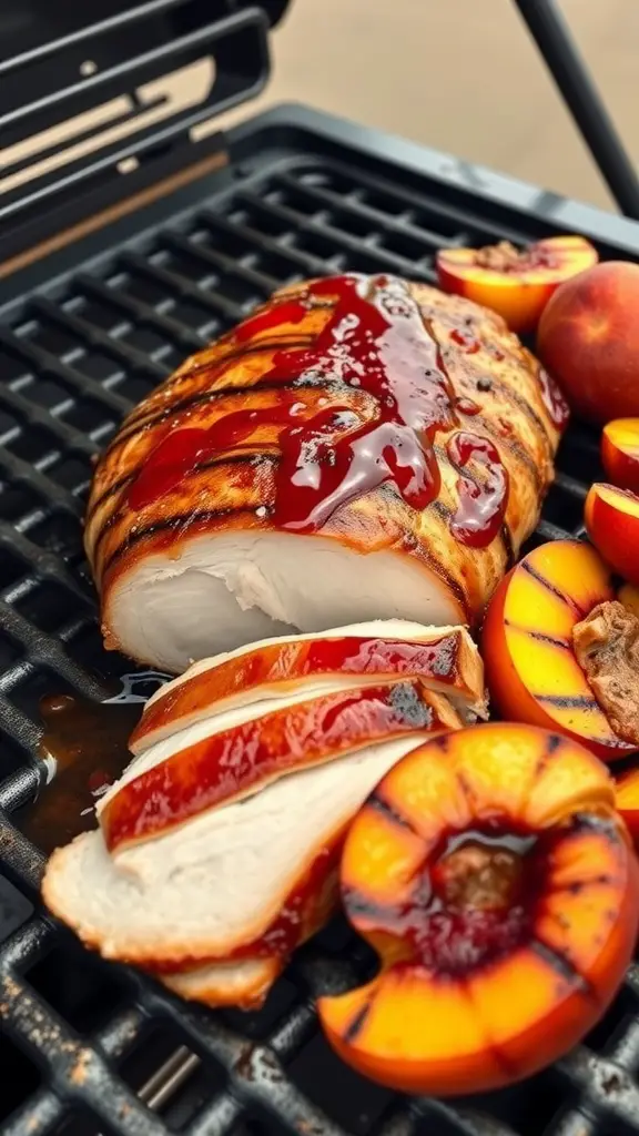 Grilled pork tenderloin with maple glaze and sliced peaches on a grill.