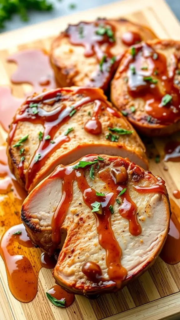 Maple mustard glazed pork loin chops on a cutting board