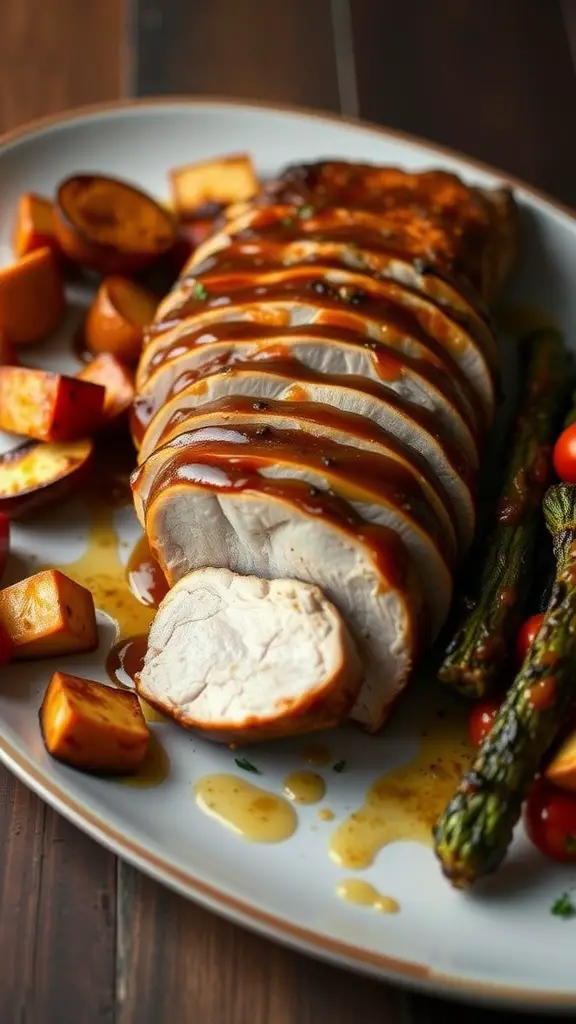 A beautifully glazed pork loin served with roasted vegetables.