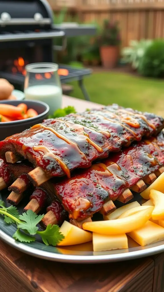 Delicious maple mustard glazed pork ribs on a platter with summer sides.