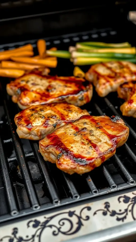 Grilled pork chops with a maple mustard glaze on the grill