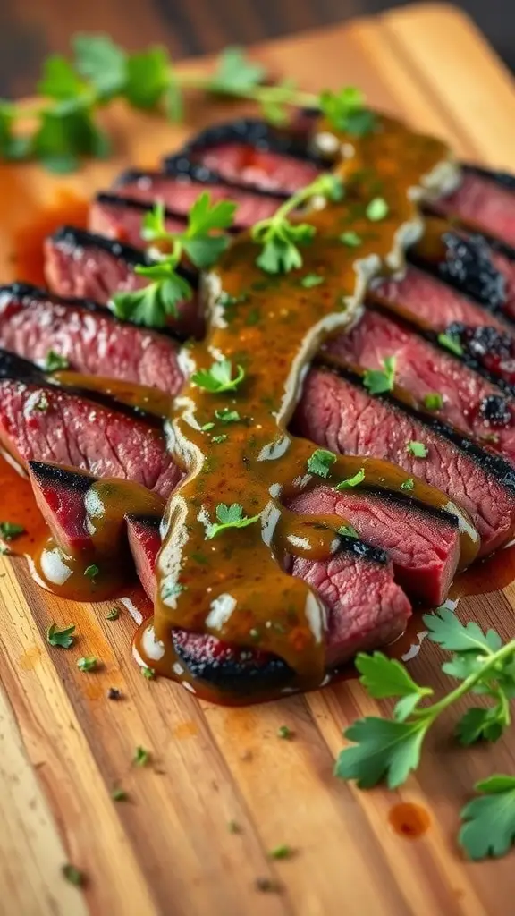 Juicy marinated flank steak sliced and drizzled with chimichurri sauce