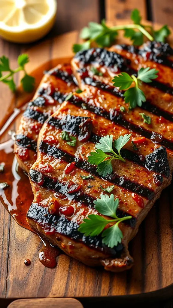 Marinated garlic and herb sirloin steak with grill marks, garnished with herbs