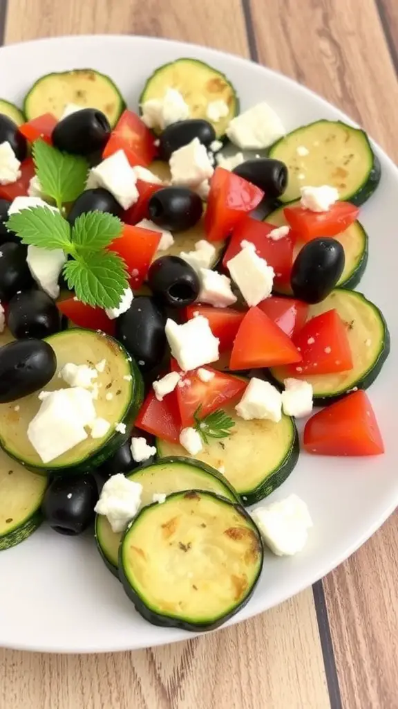 A delicious platter of Mediterranean baked zucchini topped with cherry tomatoes, black olives, and feta cheese.