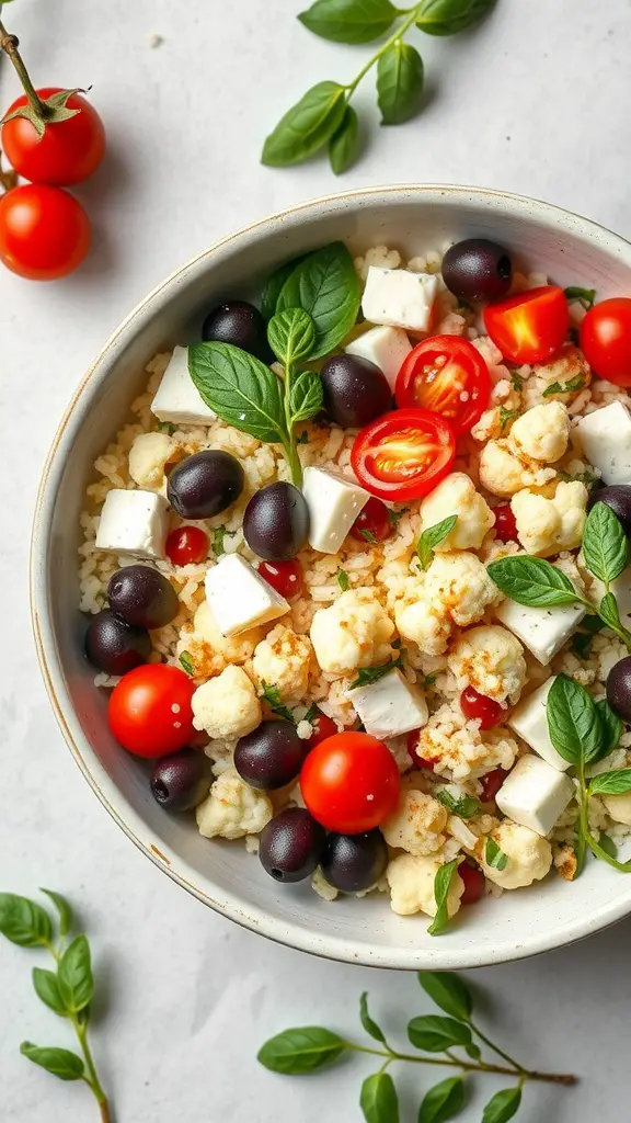 A vibrant Mediterranean cauliflower rice salad with colorful ingredients.