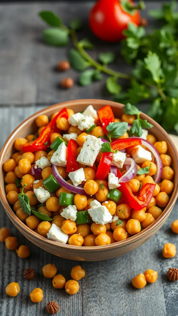 A vibrant bowl of Mediterranean Chickpea Salad featuring chickpeas, vegetables, and feta cheese.