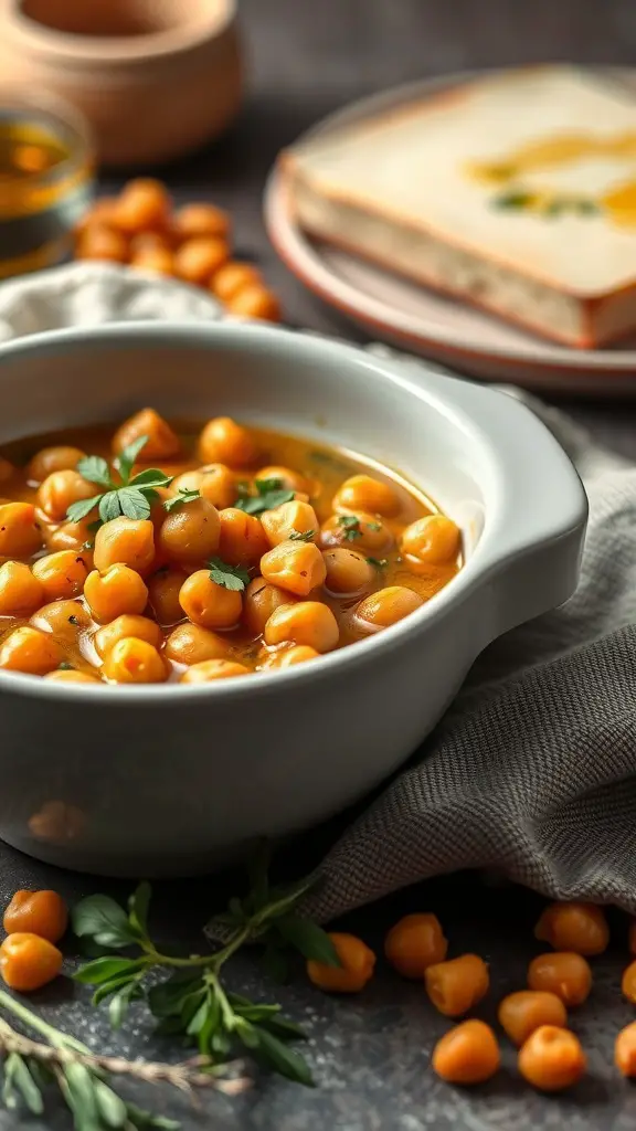 A comforting bowl of Mediterranean Chickpea Stew with fresh herbs.