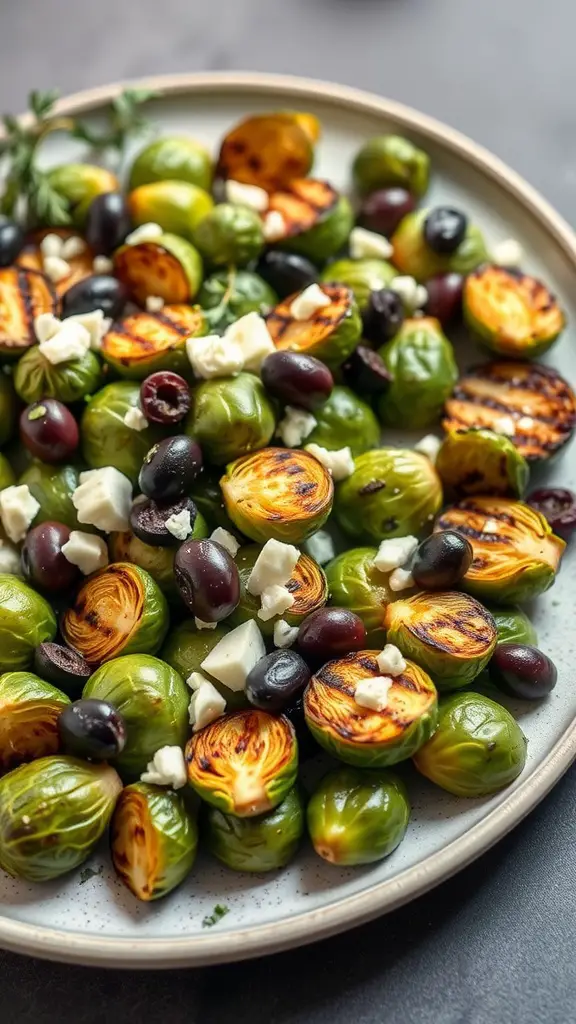 A plate of Mediterranean grilled Brussels sprouts topped with olives and feta cheese.