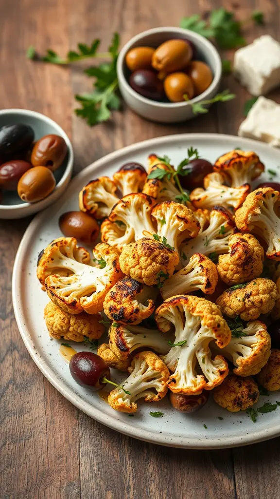 A plate of grilled cauliflower garnished with parsley, served with olives in the background.