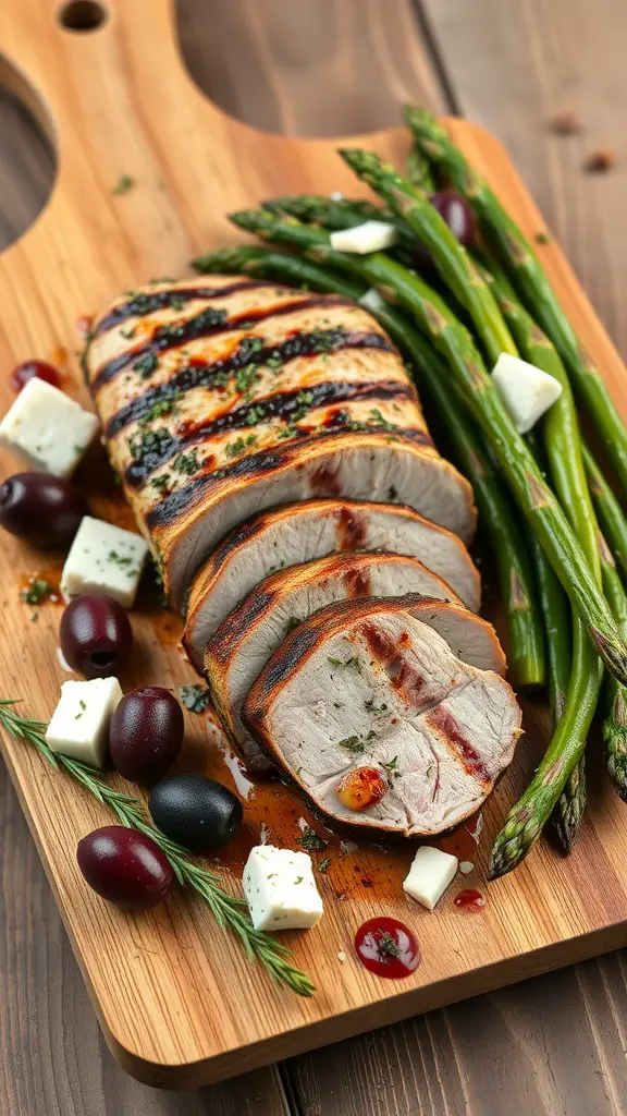 Mediterranean Herb Grilled Pork Tenderloin with asparagus and olives